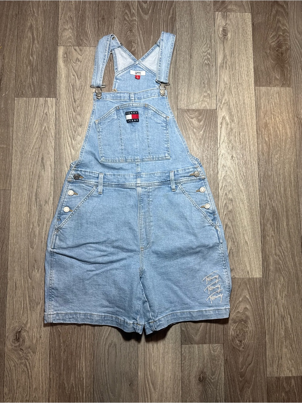Tommy Jeans Vintage Overalls Shorts Womens 6 Light Wash Denim Small Flaw Stain